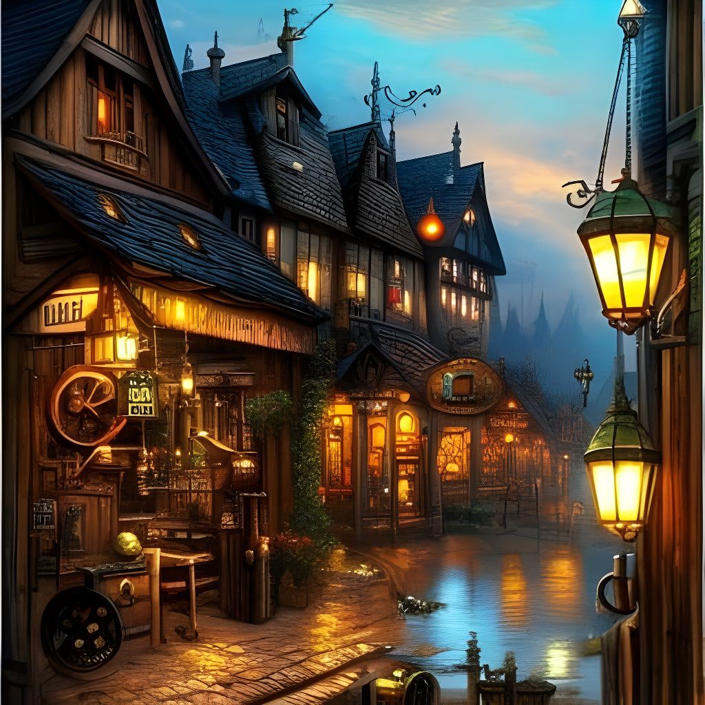 Steampunk Medieval Village Inn with Rainbow Smoke