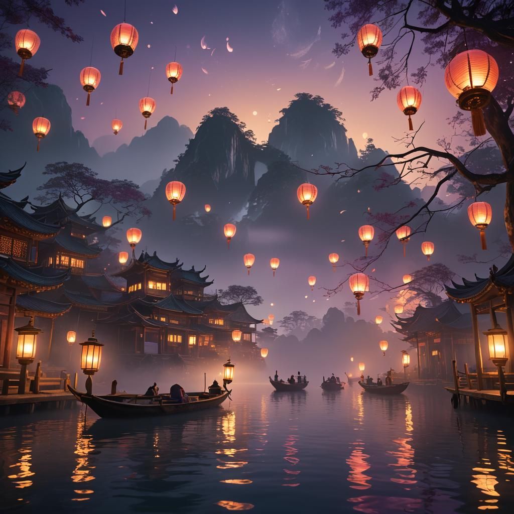 Magical Lanterns Above Misty Asian Boats
