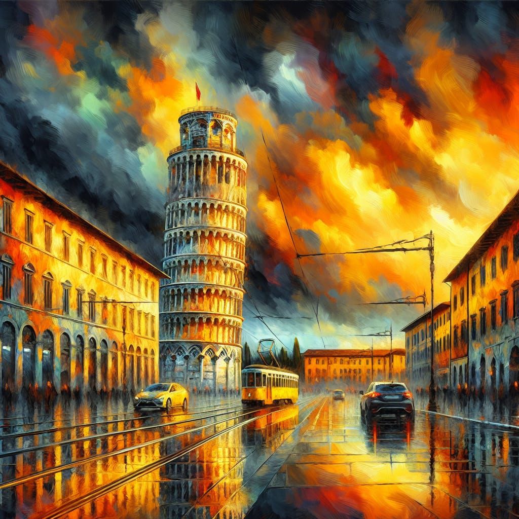 Impressionistic Leaning Tower of Pisa Gouache Painting