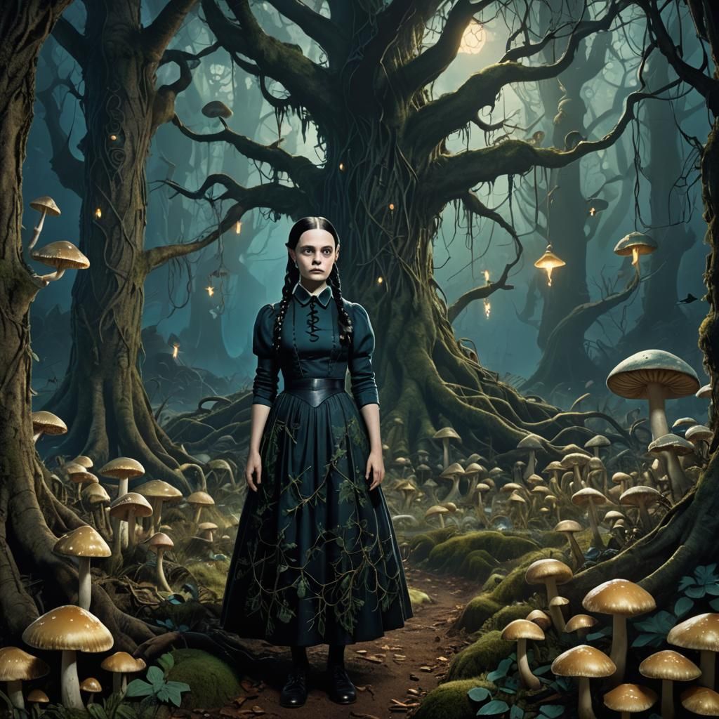 Wednesday Addams in Mystical Forest: Fantasy Art