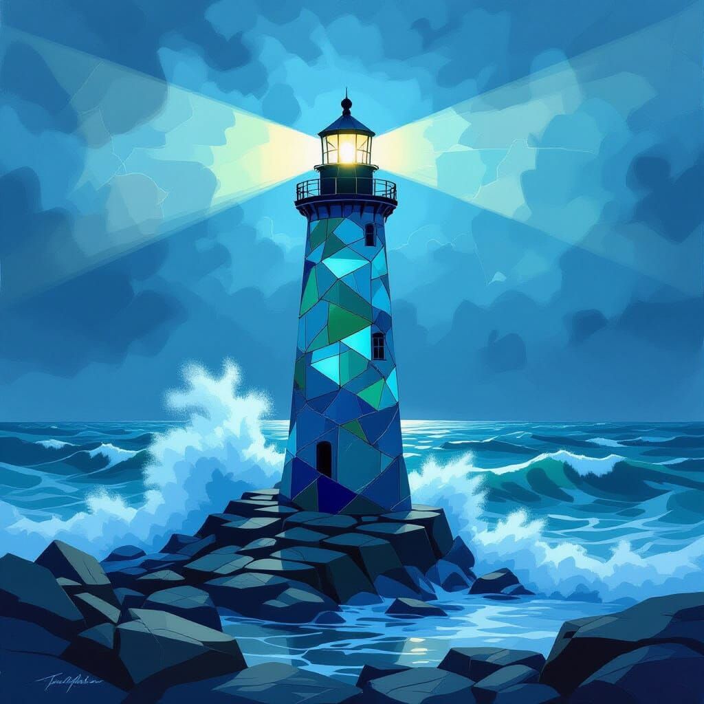 Sea Glass Lighthouse Against Stormy Sea Landscape Painting