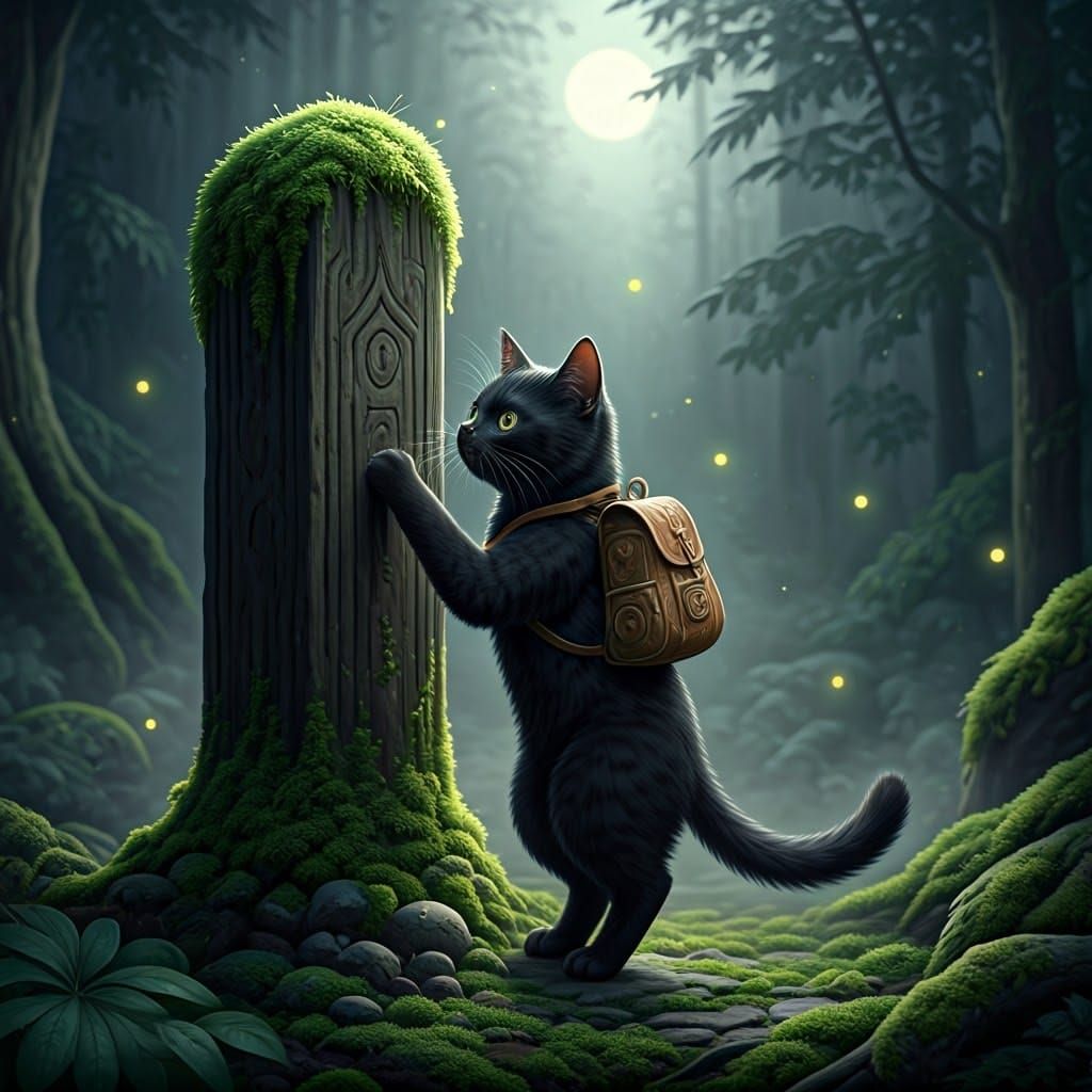 Mystical Black Cat Knocks on Wood in Forest