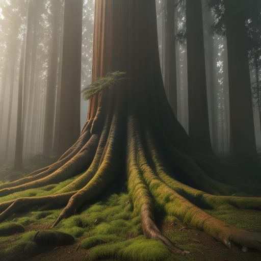 Majestic Sequoia Tree in Misty Forest: Oil Painting