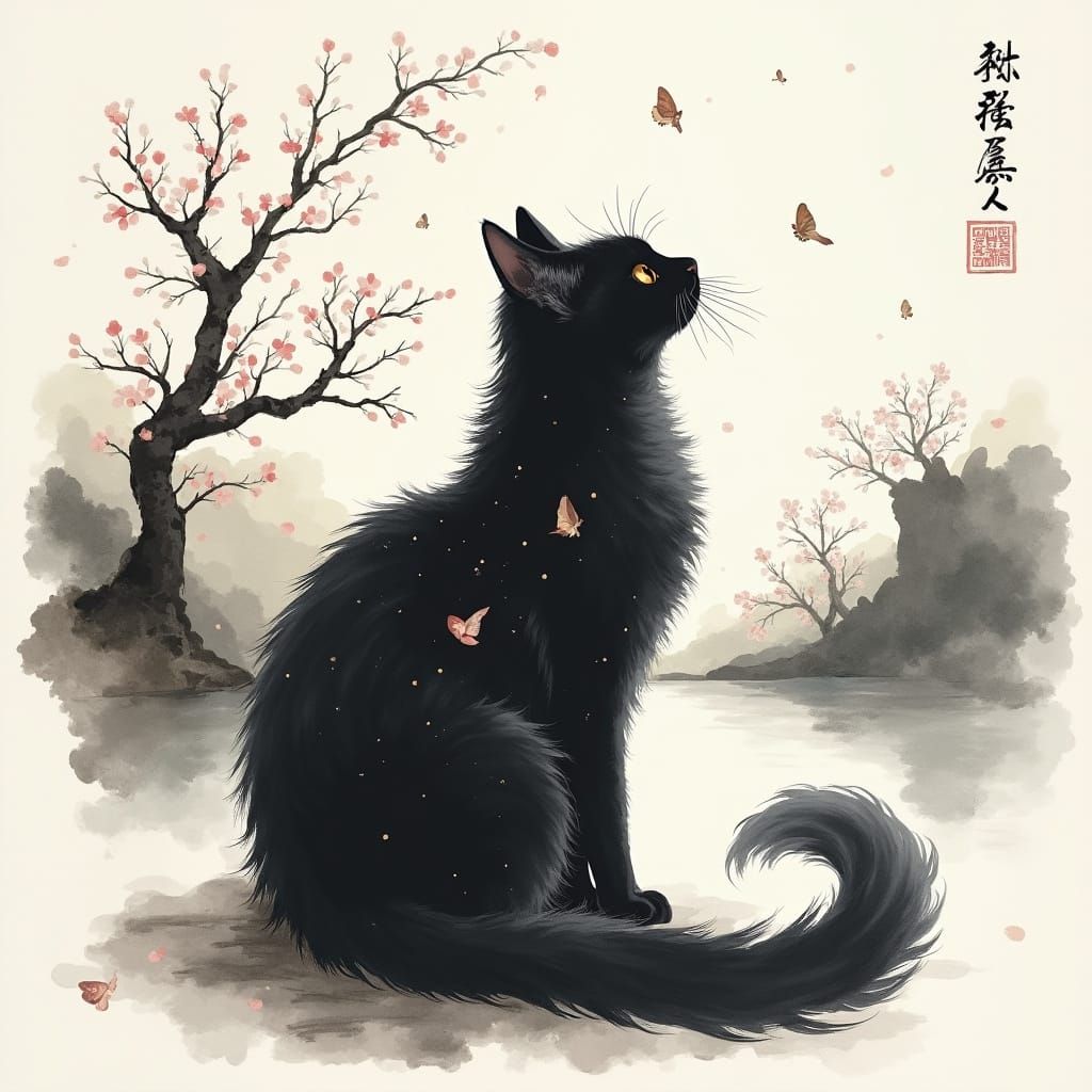 a black cat, fur transforming into flowing ink patterns rese...