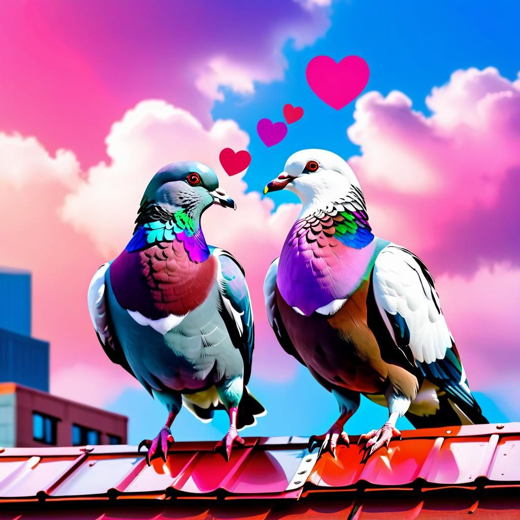 Wood Pigeons Kissing on Rooftop With Love Hearts