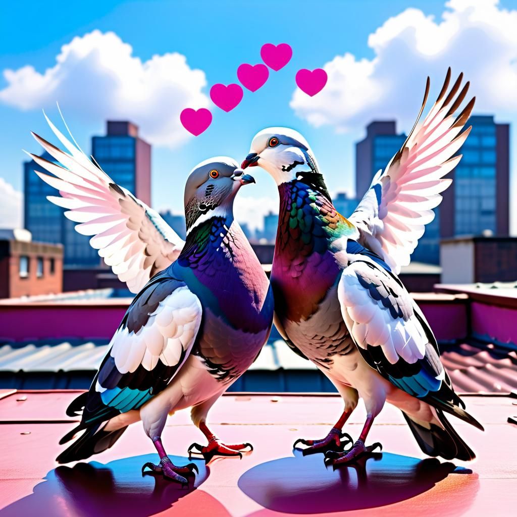 Wood Pigeons Kissing with Love Hearts