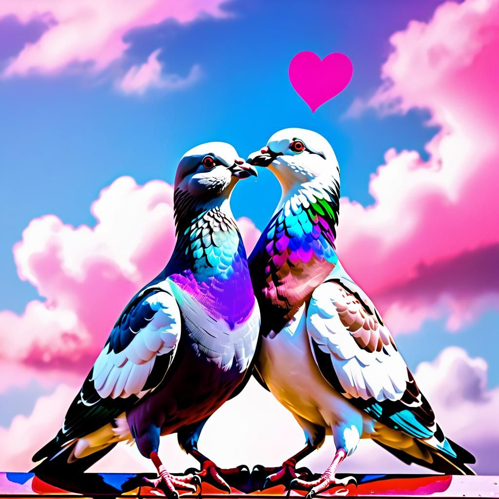 Wood Pigeons Kissing on Rooftop with Love Hearts
