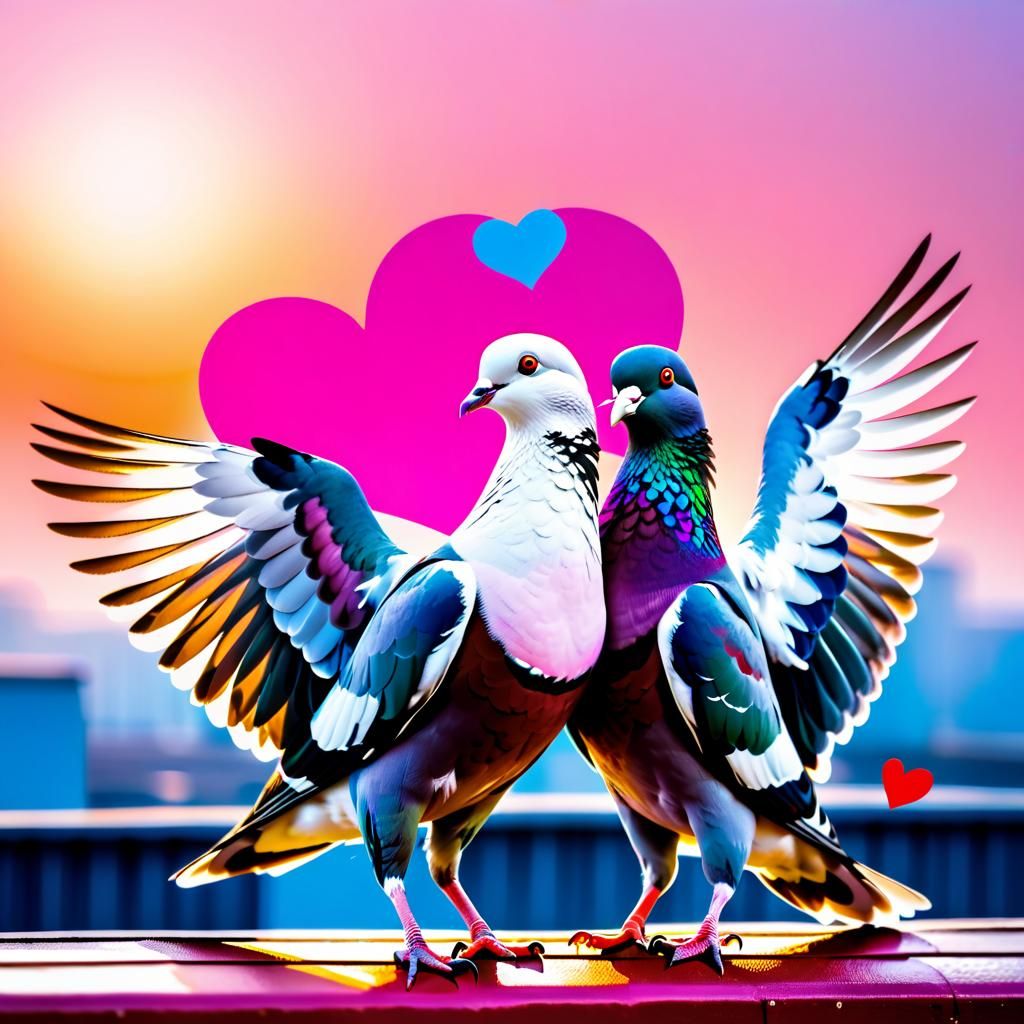 Wood Pigeons Kissing on Rooftop with Love Hearts