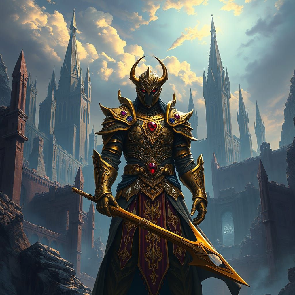 Golden Warrior in Ruined Cityscape Fantasy Art