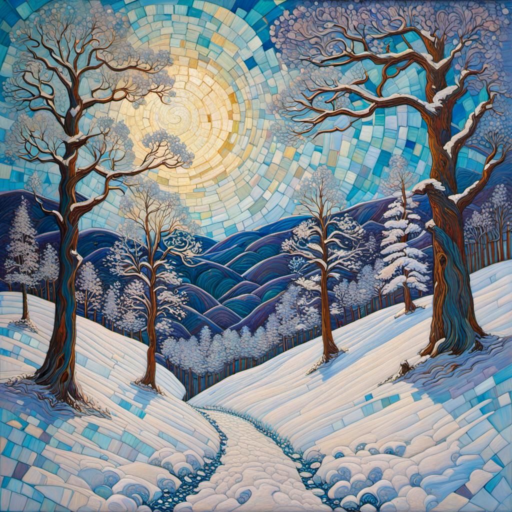 Encaustic Impasto Winter Dreamland in Art Brut Style