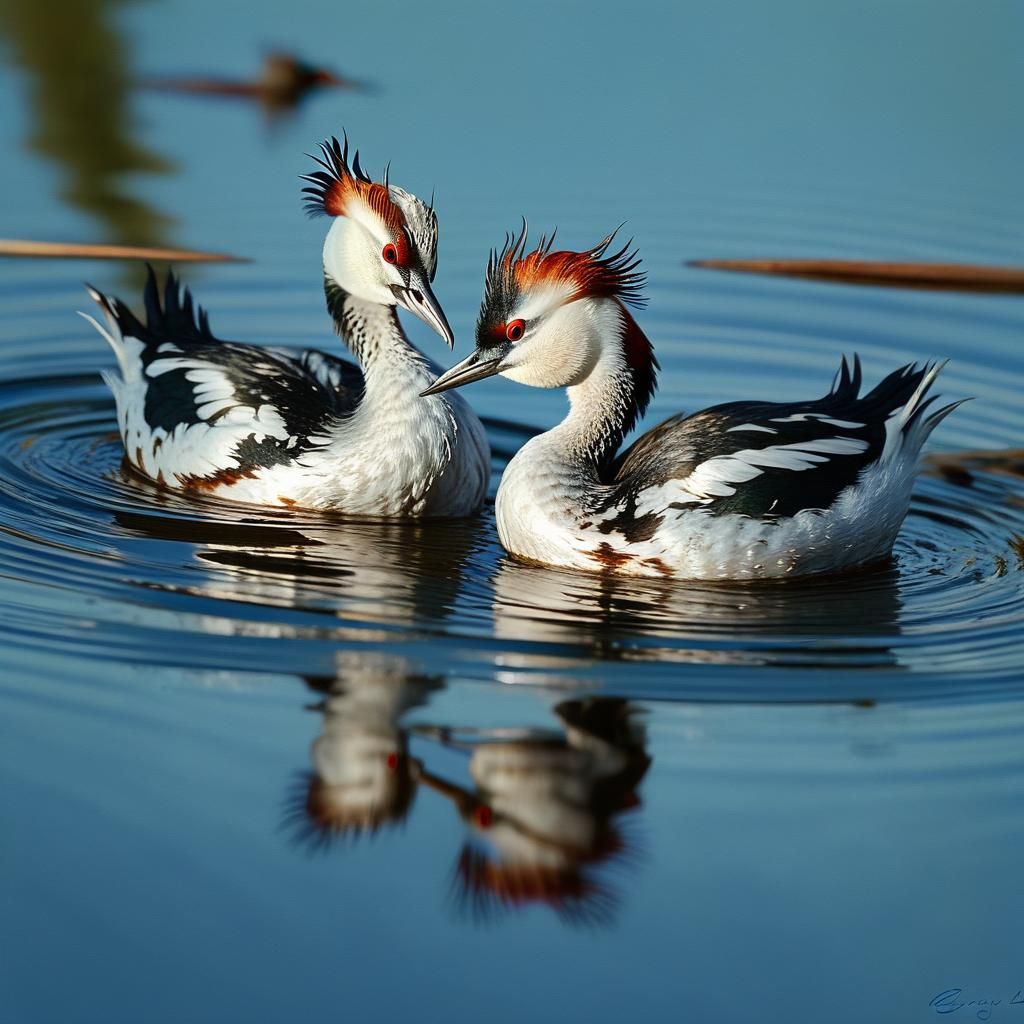 Grebes Mating Dance: Baroque Wildlife Art on Canvas