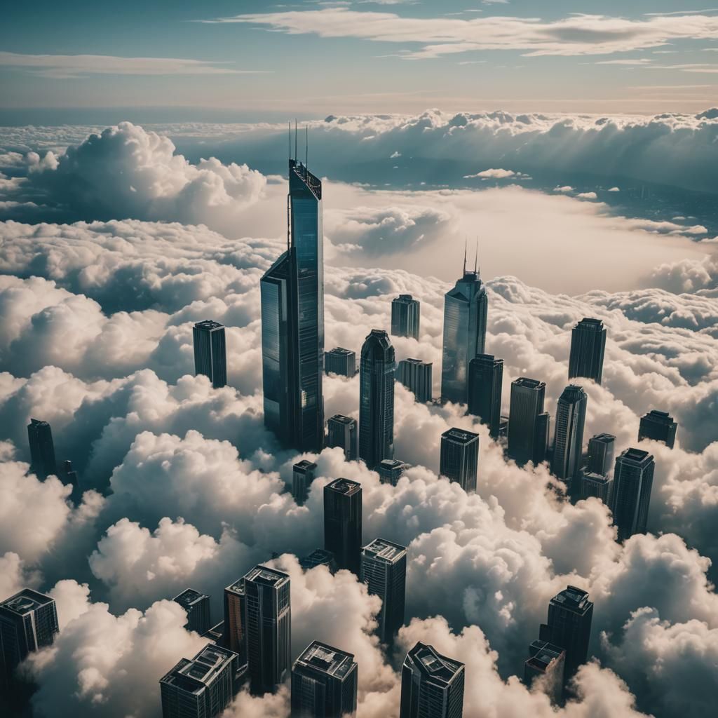 Dramatic Skyscrapers Ascend Through Cloudscape