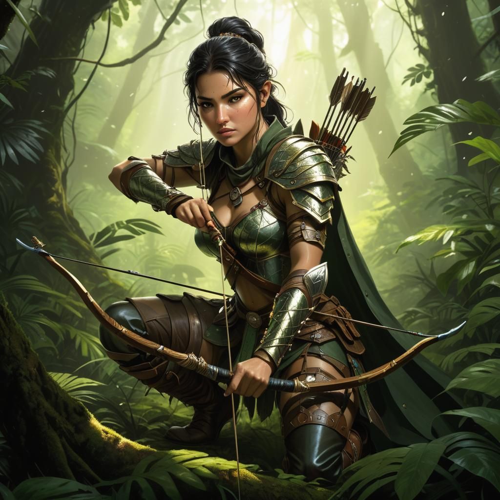 Fantasy Archer Stalking Prey in Jungle, Hyperrealistic Style