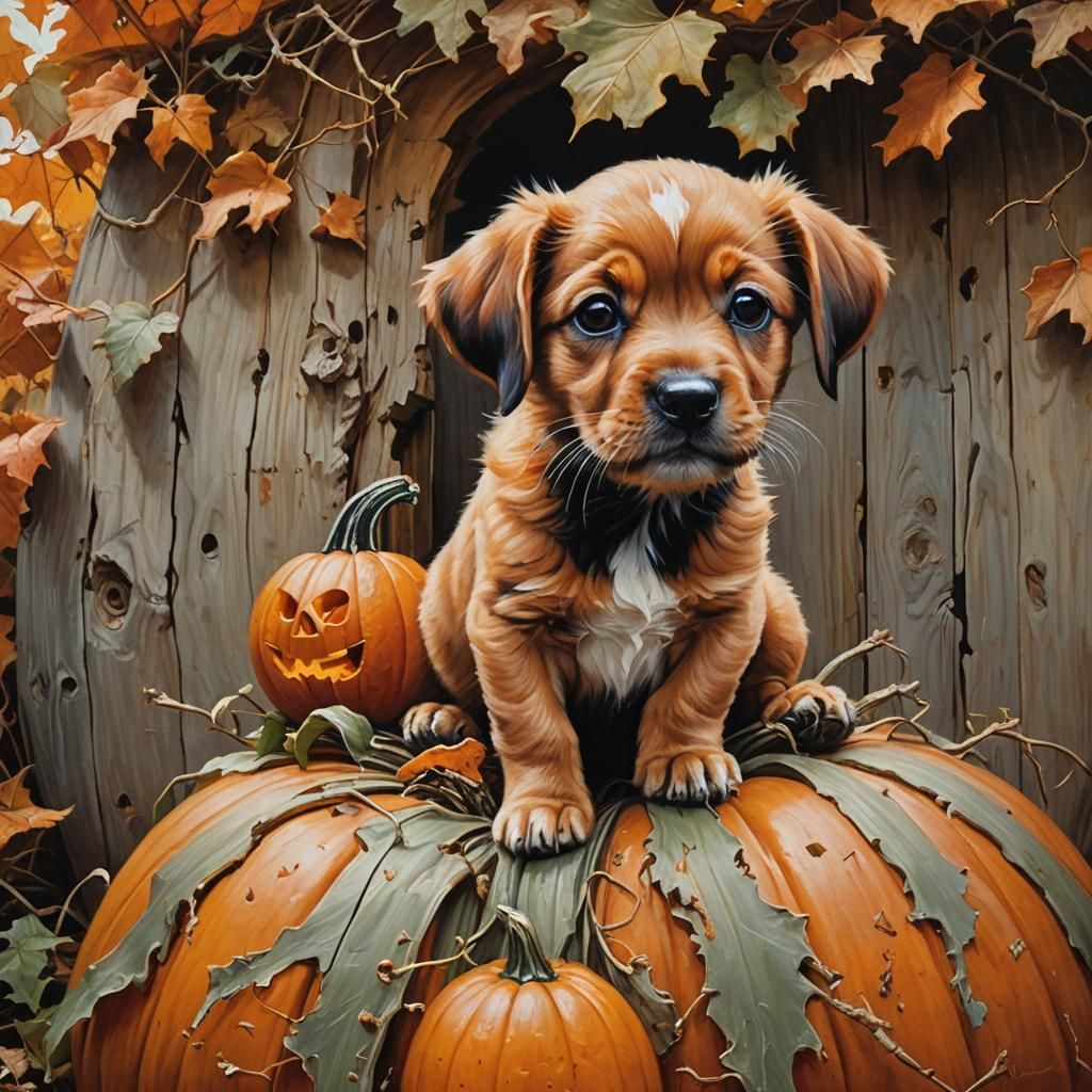 Puppy in Pumpkin: An Oil Painting