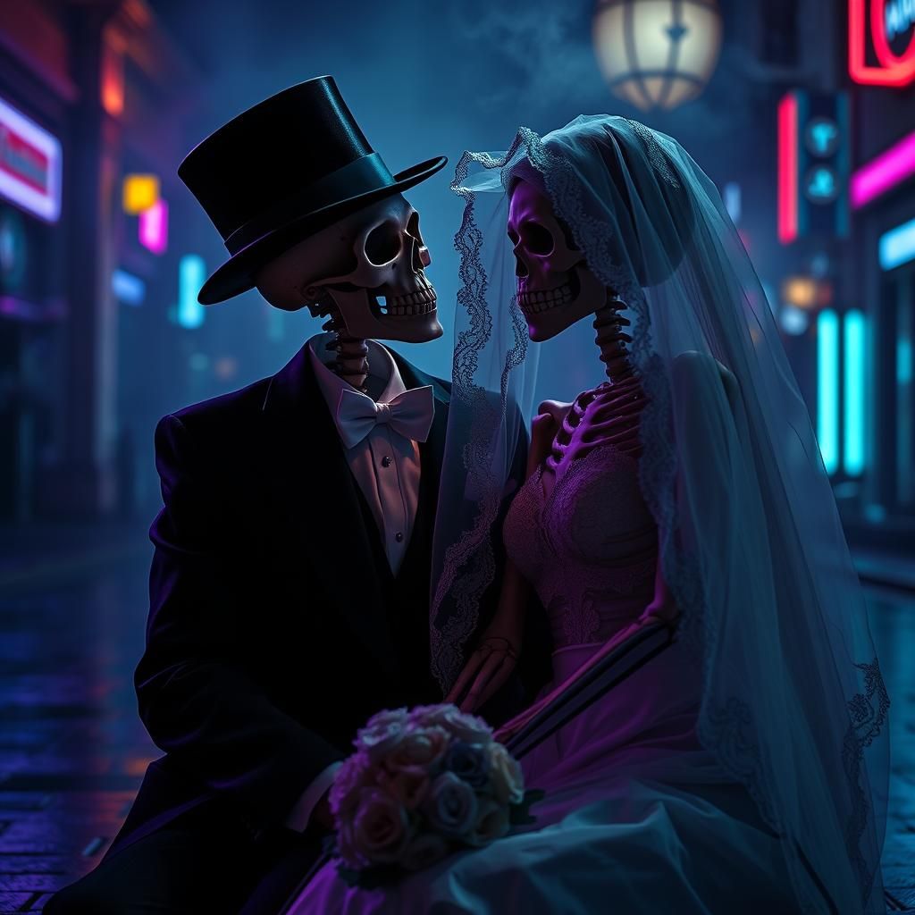 Macabre Skeleton Wedding in Dystopian Neon Noir Style