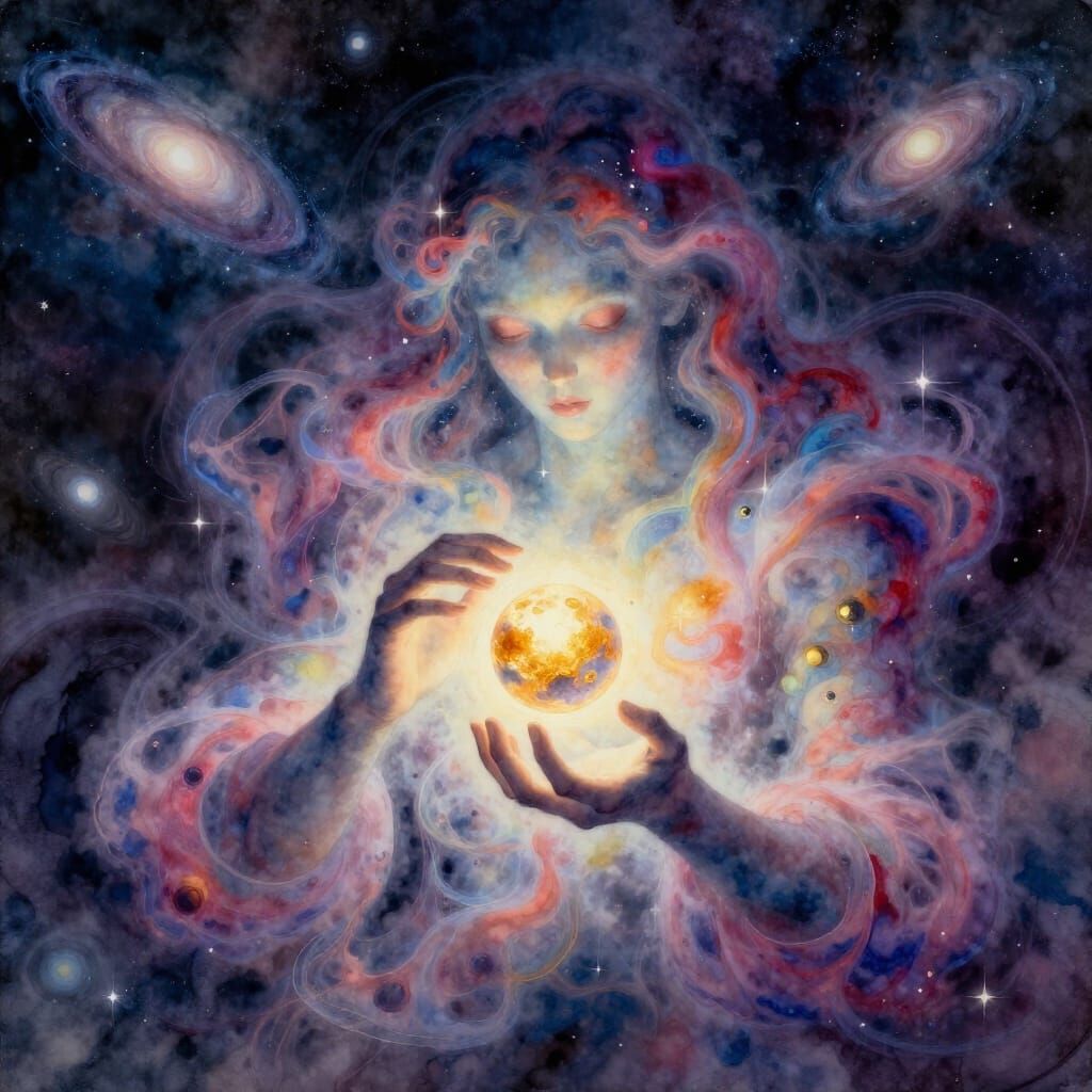 Cosmic Being Creates Planet in Ethereal Watercolor Style