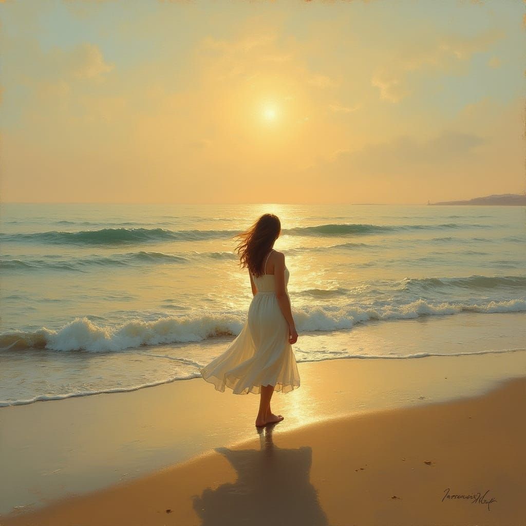 Woman on Seaside Shore at Dusk in Impressionistic Style