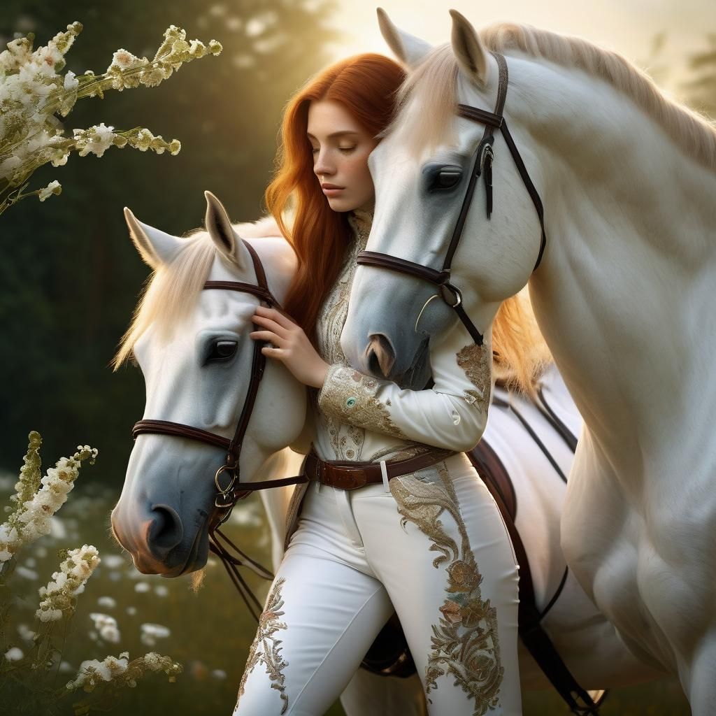 Auburn Beauty Stroking White Horse in Matte Painting