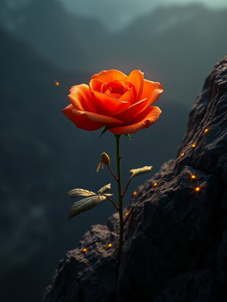 Vibrant Orange Rose Blooms on Rocky Cliff in Cinematic Style