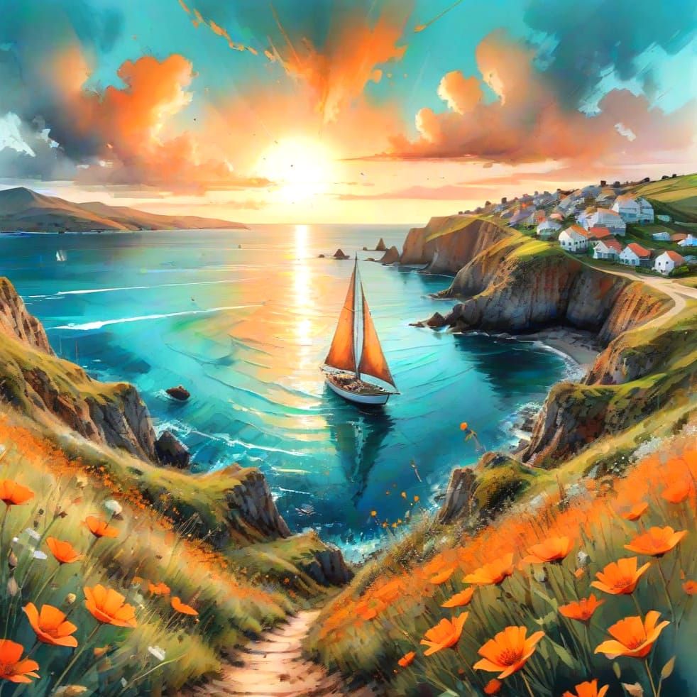 Seaside Town in Watercolor Style of Carne Griffiths