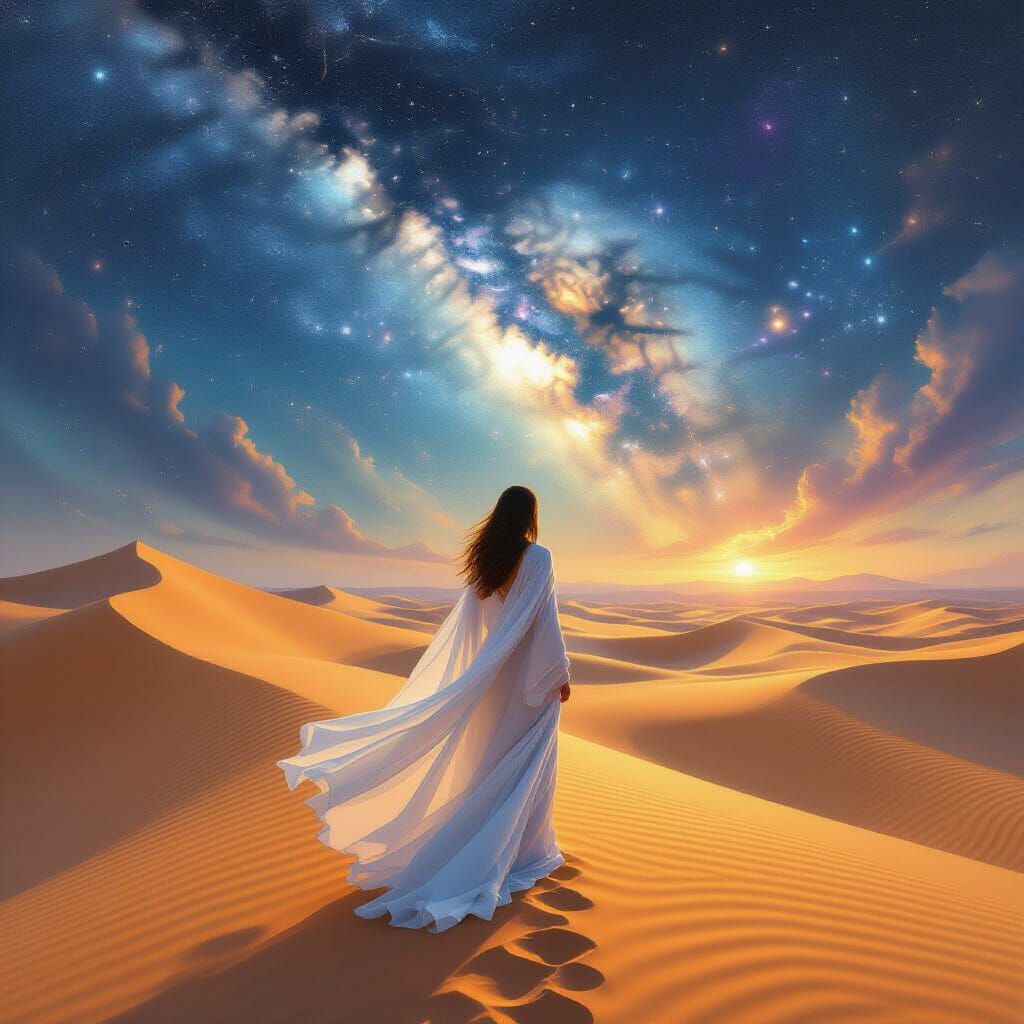 Ethereal Woman in Dreamlike Desert Under Nebula Sky