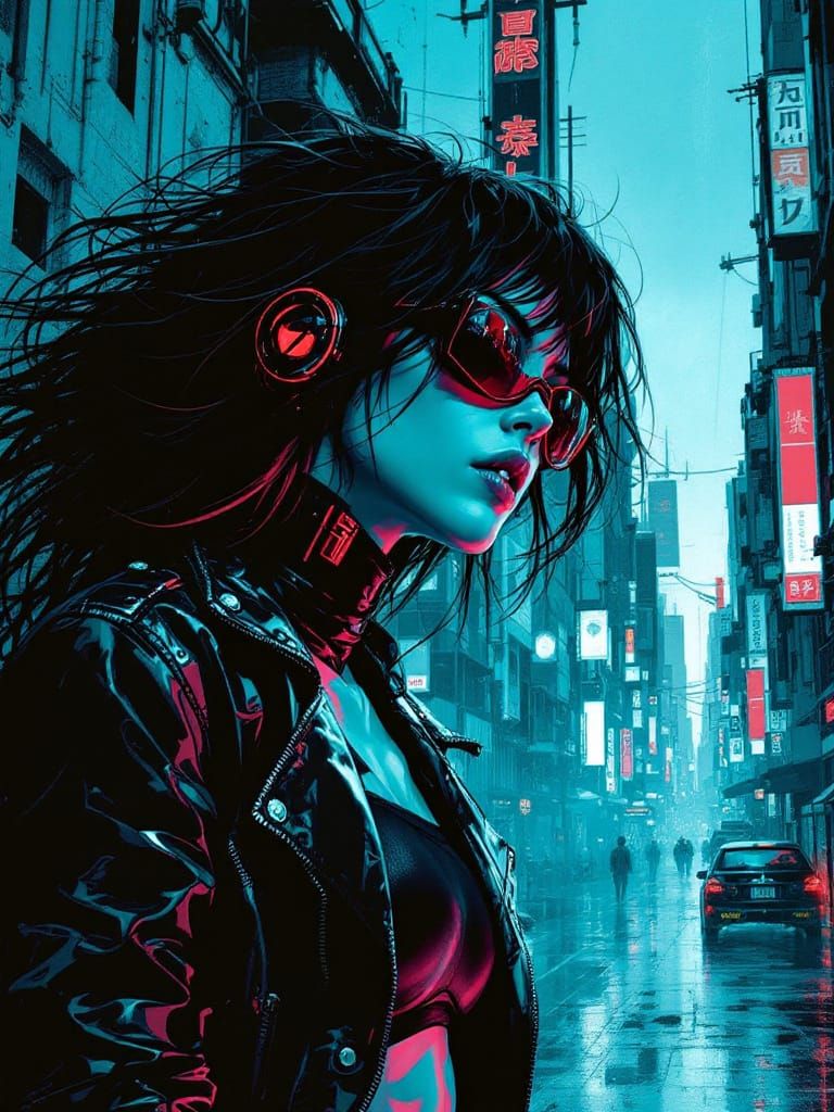 Cyberpunk Woman Emerges from Rain and Wires