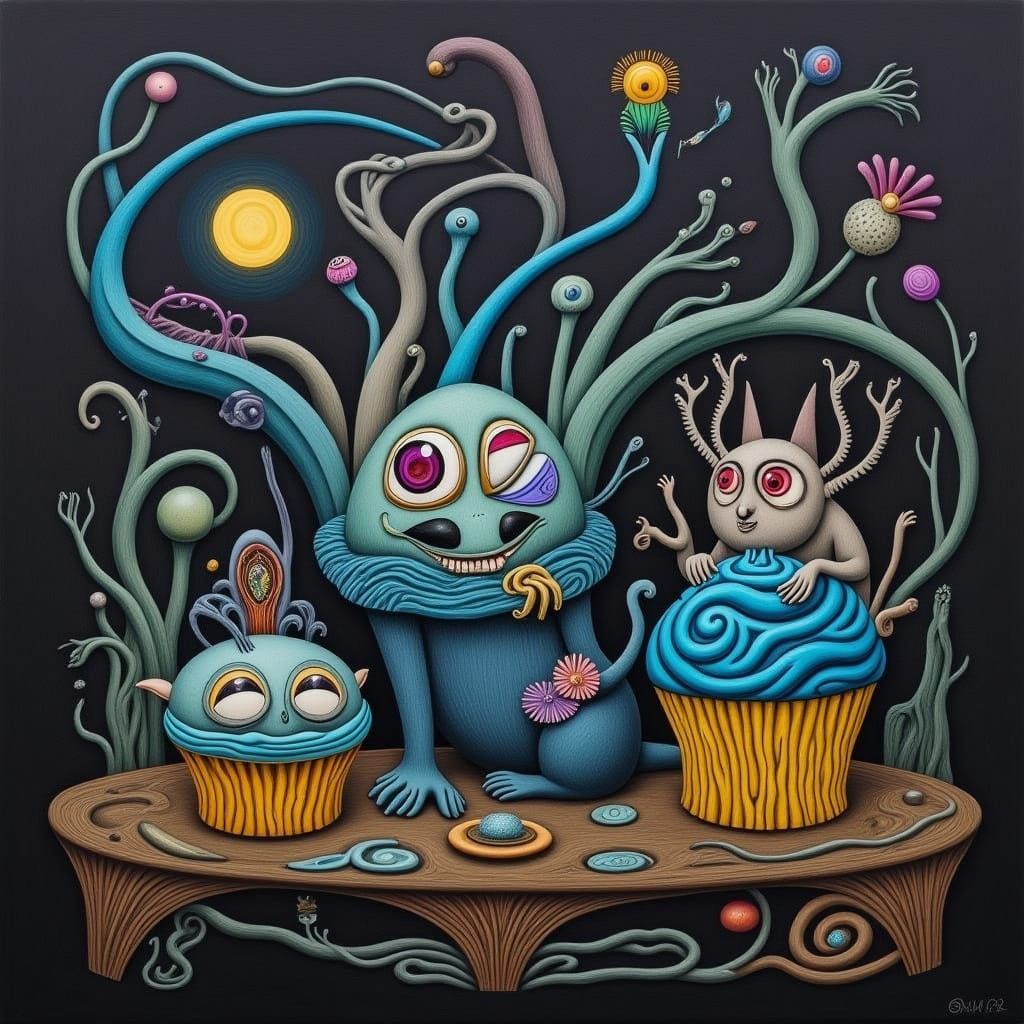 Surreal Cupcakes in a Dreamlike Garden Scene