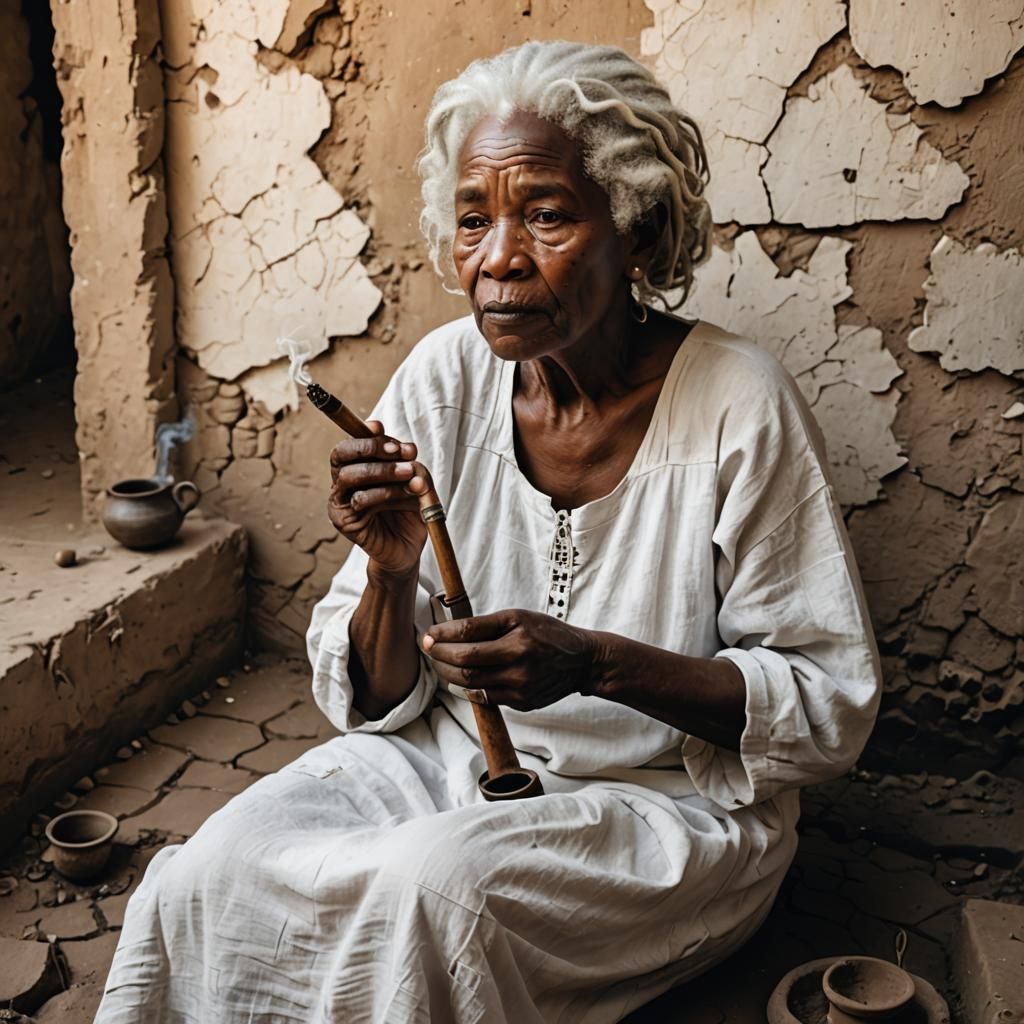 Elderly Woman in White Smoking a Pipe