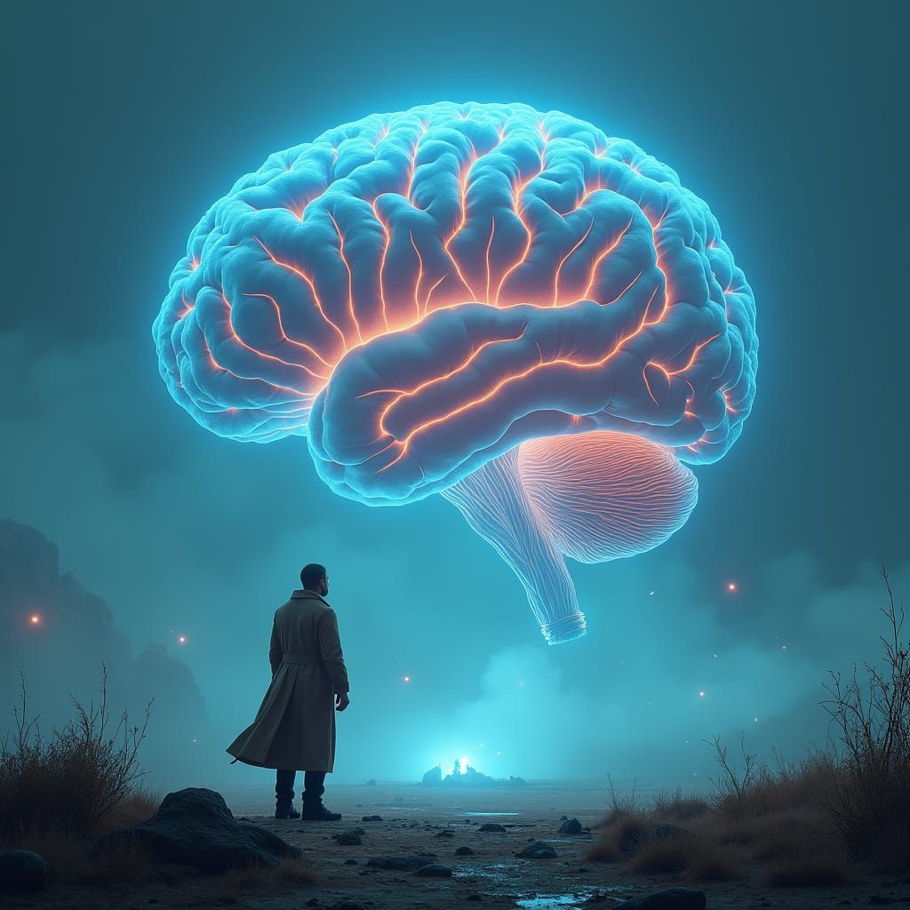 Man Contemplates Giant Brain in Dreamlike Sci-Fi Scene