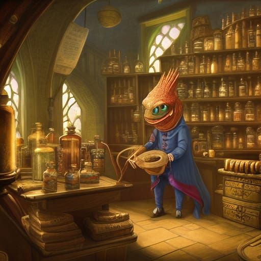 Lizard Wizard Brewing Potions in Apothecary