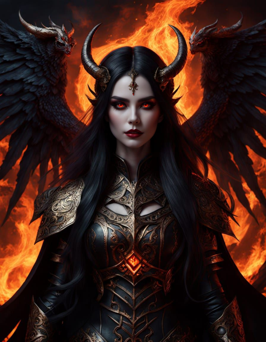 Dark Fantasy Demon Queen in Fiery Inferno