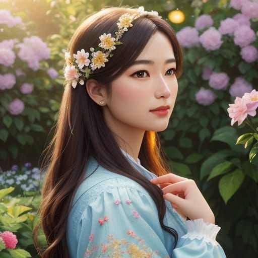 Young Woman in Garden: Vibrant Oil Painting Portrait