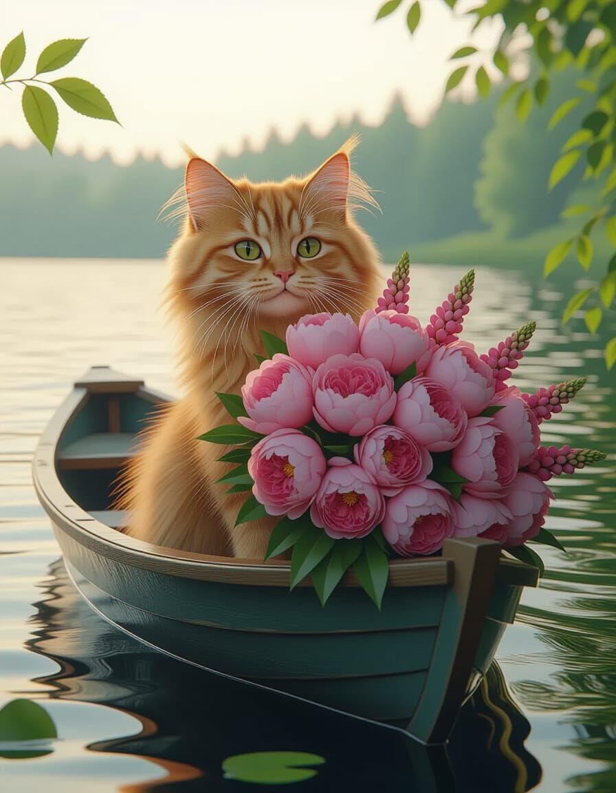 Red Cat with Flowers in Boat on Lake