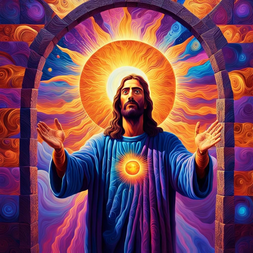 Jesus Holds the Sun in Cosmic Oil Painting