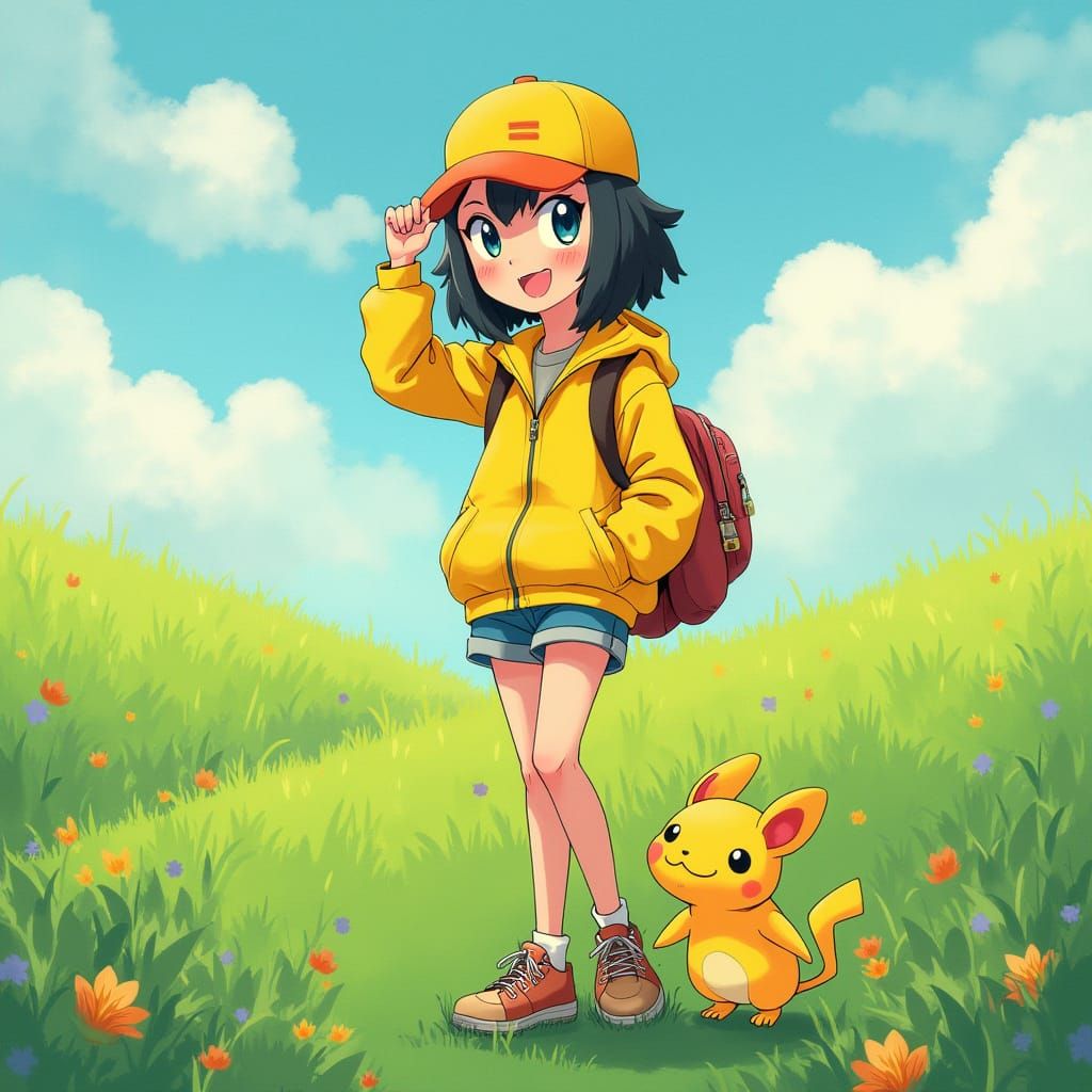 Pokémon Trainer and Rattata in Vibrant Meadow