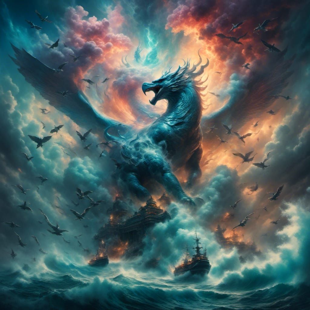 Luminous Cloud Garuda Attacks Whale, Digital Art