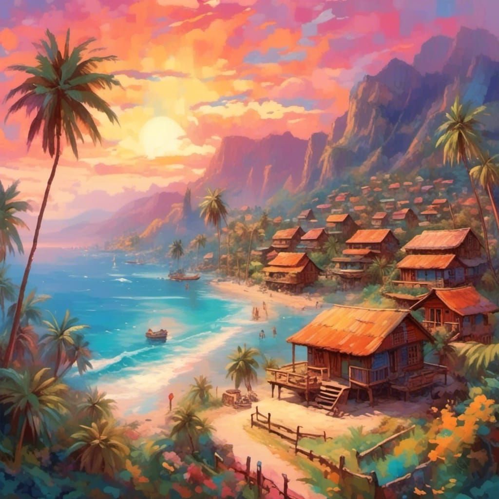 Seaside Village at Sunset with Palm Trees