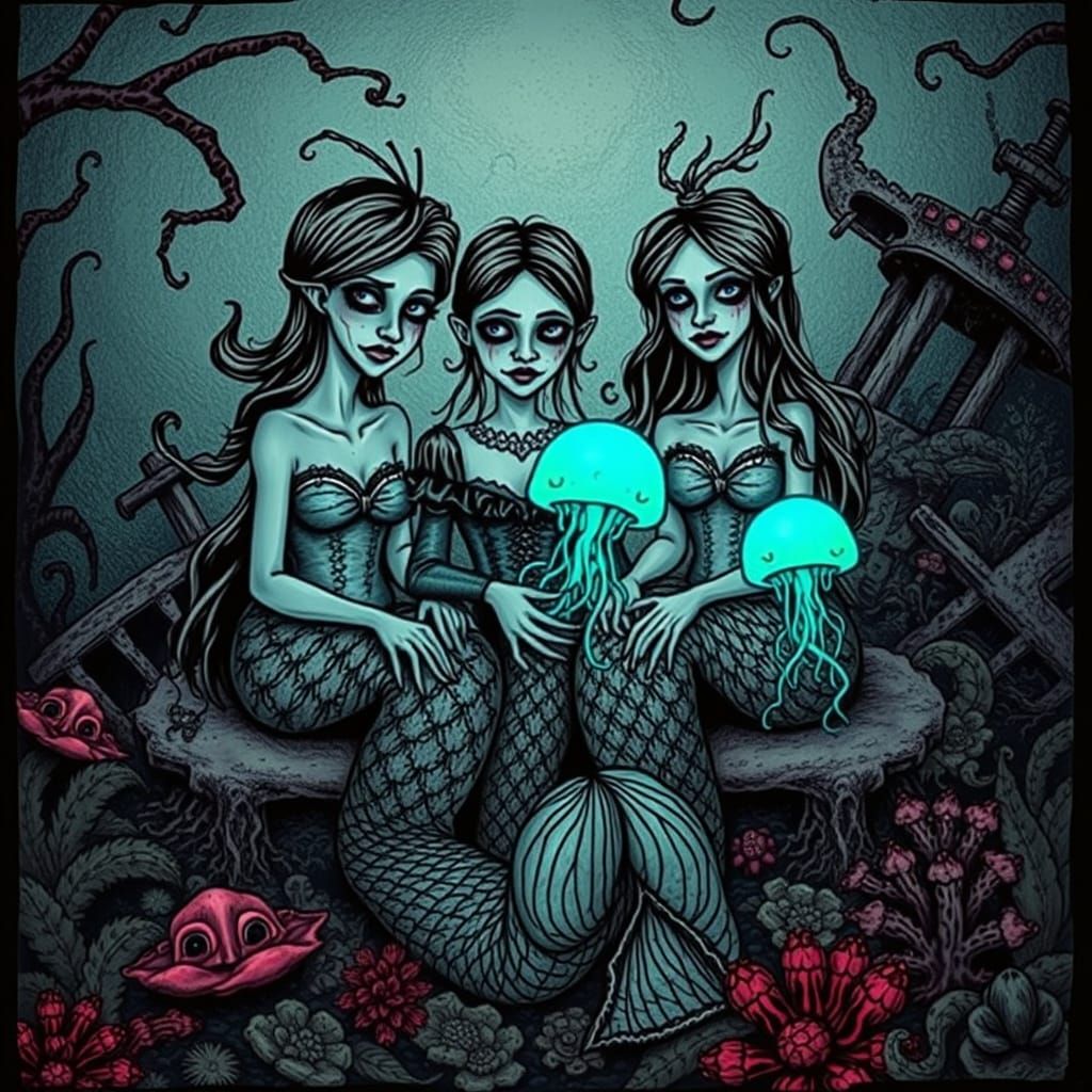 Gothic Merfolk Family on Coral Reef in Whimsical Pen and Ink...