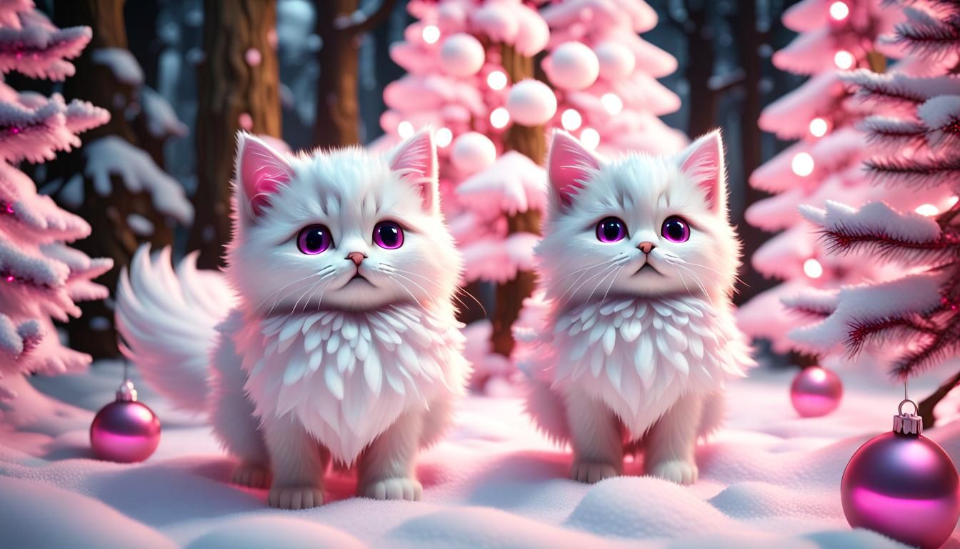 (Kittens in the snow)(white fluffy christmas trees with pink lights) 3D Game Cinematic Feel, Epic 3D Videogame Graphics,...