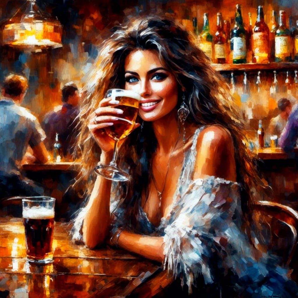 Stunning Woman at Bar Enjoying Beer as Acrylic Art