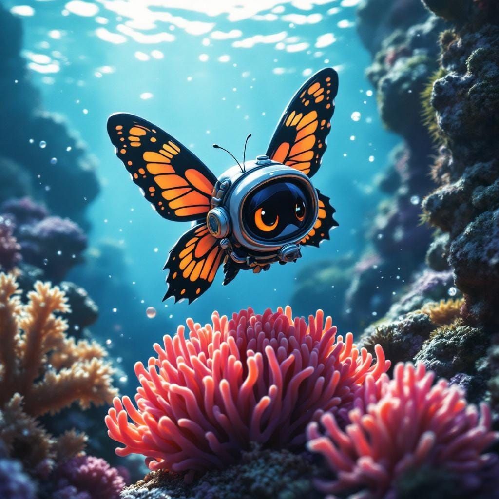 Chibi Butterfly Diver in Hyperdetailed Oil Painting