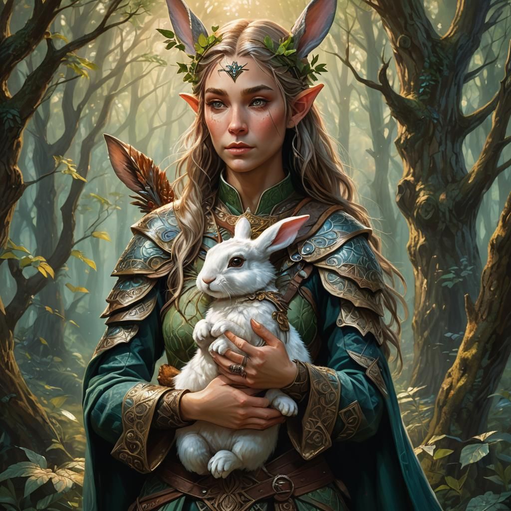 Elven Warrior with Bunny in Mystical Forest