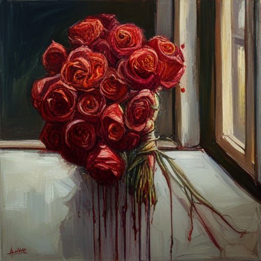 Dried Roses Dripping Blood as Oil Painting
