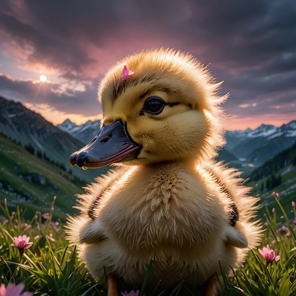Duckling in Alpine Meadow with Pink Flower