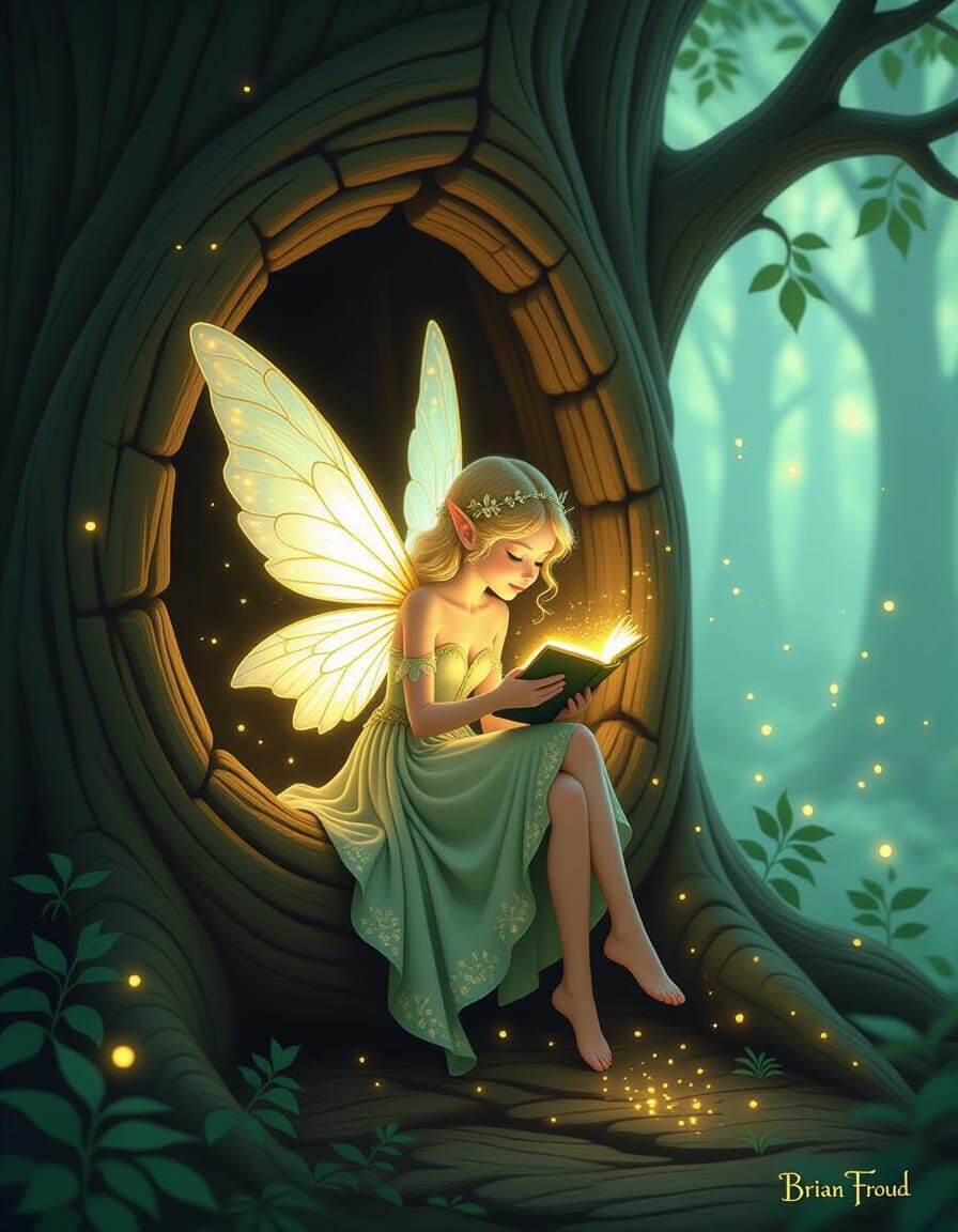 Whimsical Fairy Reading by Ethereal Forest Light