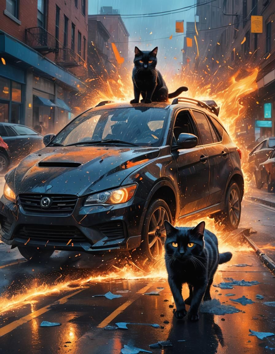 Black Cat's Unfazed Walk Amidst Car Crash