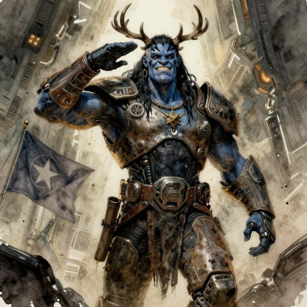 Heroic Firbolg Brawler Saluting in Futuristic Battlesuit