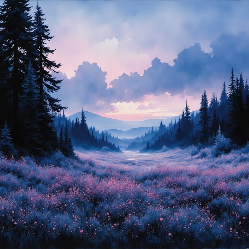 Twilight Meadow with Wildflowers and Fir Trees