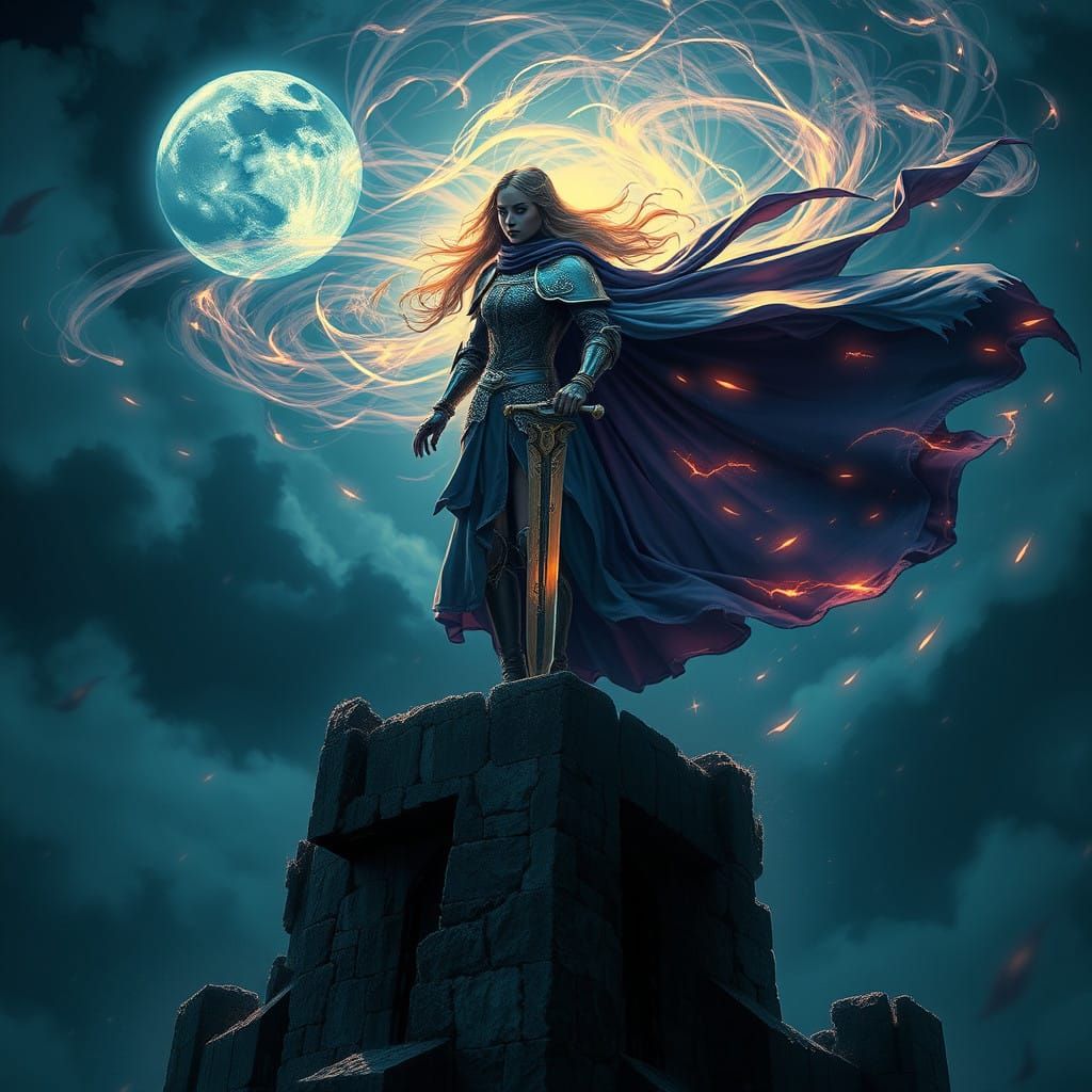 Mystical Nighttime Moonscape with a Beautiful Woman Knight