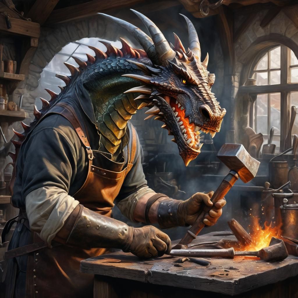 Blacksmith Dragon Dentist in Watercolor Style